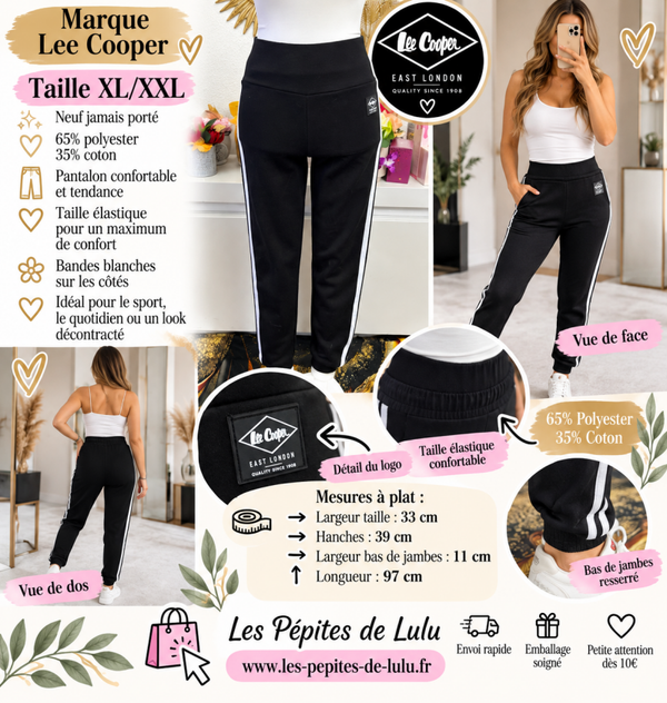 🖤 Pantalon jogging femme Lee Cooper – Taille XL/XXL – Neuf – Noir à bandes blanches