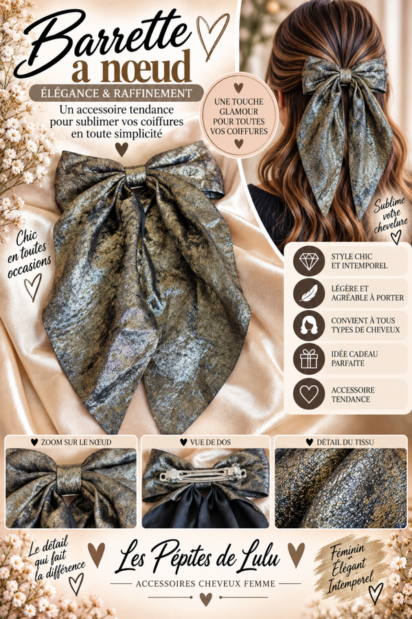 🎀 Barrette nœud métallisée – Doré bronze & noir – Accessoire cheveux femme