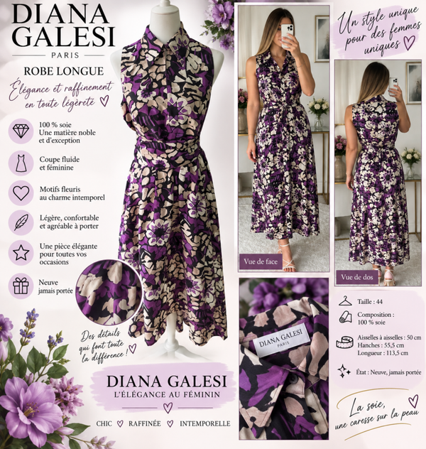 💜 Robe longue Diana Galesi – Taille 44 – 100 % soie – Neuve