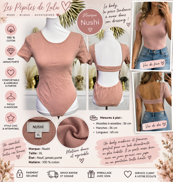 Body femme Nushi rose poudré – Taille XL – 100 % coton – Neuf