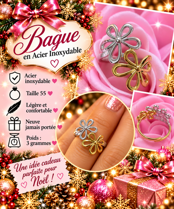 🌸 Magnifique bague double fleur en acier inoxydable – Dorée et argentée – Taille 55 – Neuve