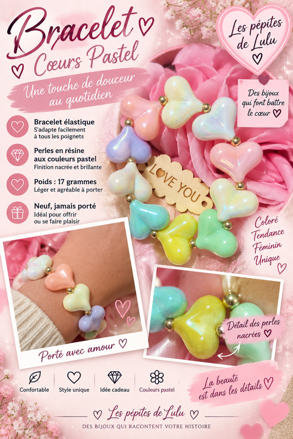 💗 Bracelet élastique Cœurs Pastel – Multicolore