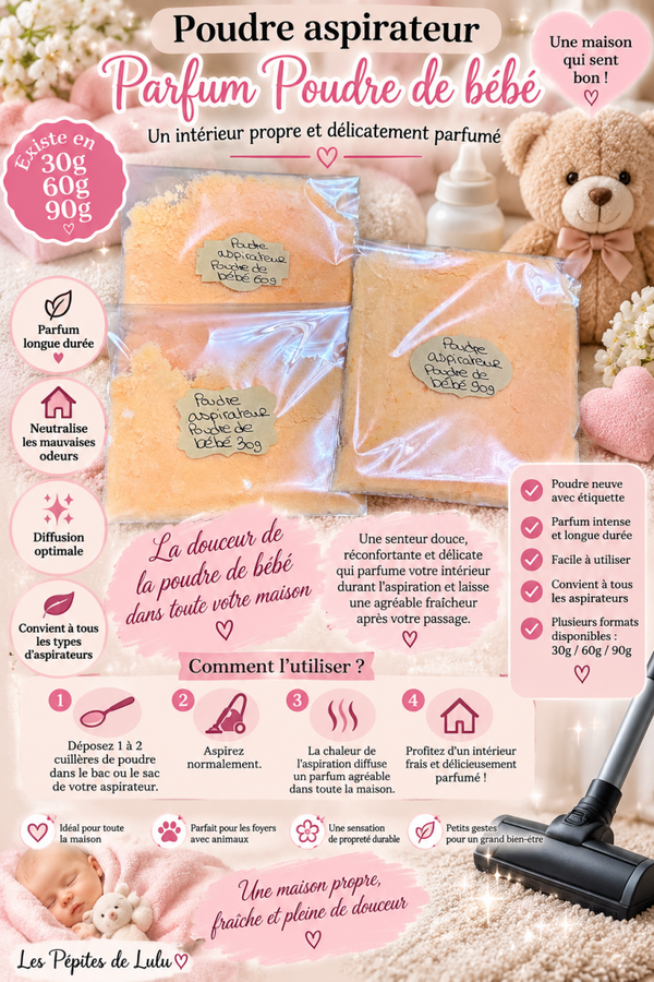 🌸 Poudre aspirateur parfum Poudre de Bébé – 30 g / 60 g / 90 g
