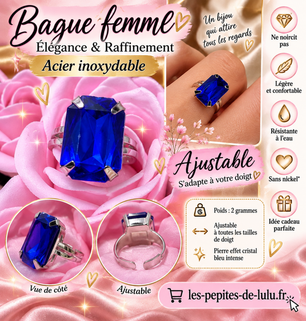 💙 Bague femme ajustable en acier inoxydable – Pierre bleue intense effet saphir – Neuve jamais portée