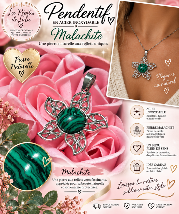 🌿Pendentif fleur en pierre malachite en acier inoxydable 🌿