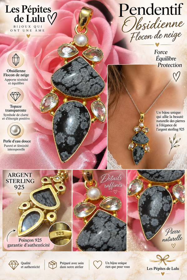 🌟Pendentif obsidienne flocon de neige en argent sterling 925🌟