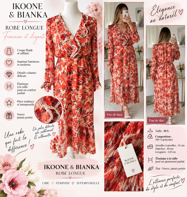 🌹 Robe longue Ikoone & Bianka – Taille M/L – Neuve – Imprimé rouge & écru