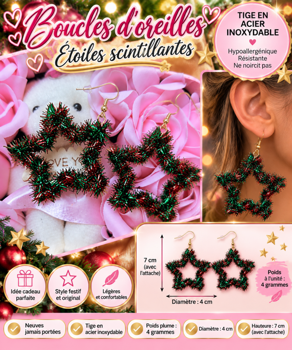 ⭐ Boucles d’oreilles Étoiles scintillantes – Rouge & Vert ⭐