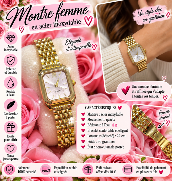 ✨ Montre femme dorée en acier inoxydable – Quartz – Neuve ✨