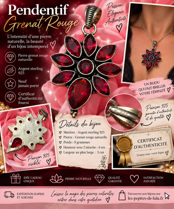 ❤️ Pendentif Grenat Rouge Naturel – Argent Sterling 925 ❤️