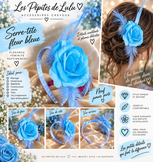 💙 Serre-tête fleur bleue avec plumes – Neuf