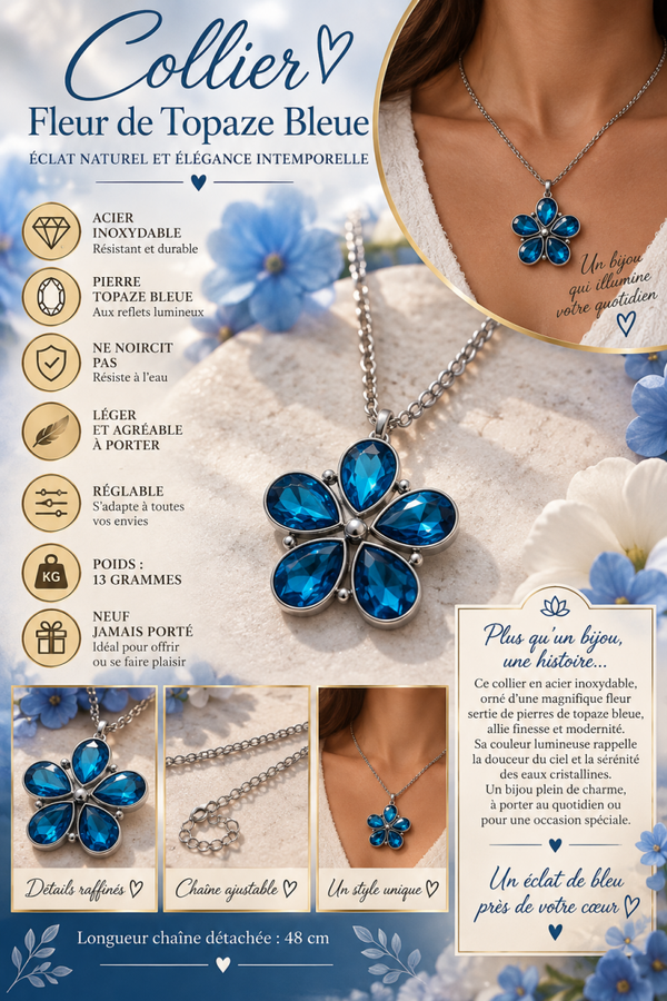 💙 Collier Fleur Topaze Bleue – Acier inoxydable