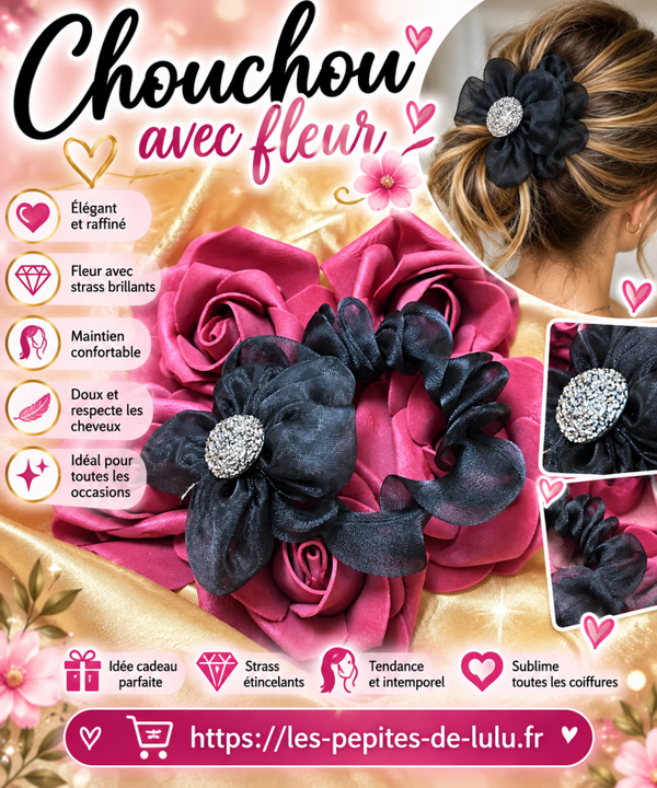 🌸 Chouchou noir avec fleur & strass – Neuf sans étiquette 🌸