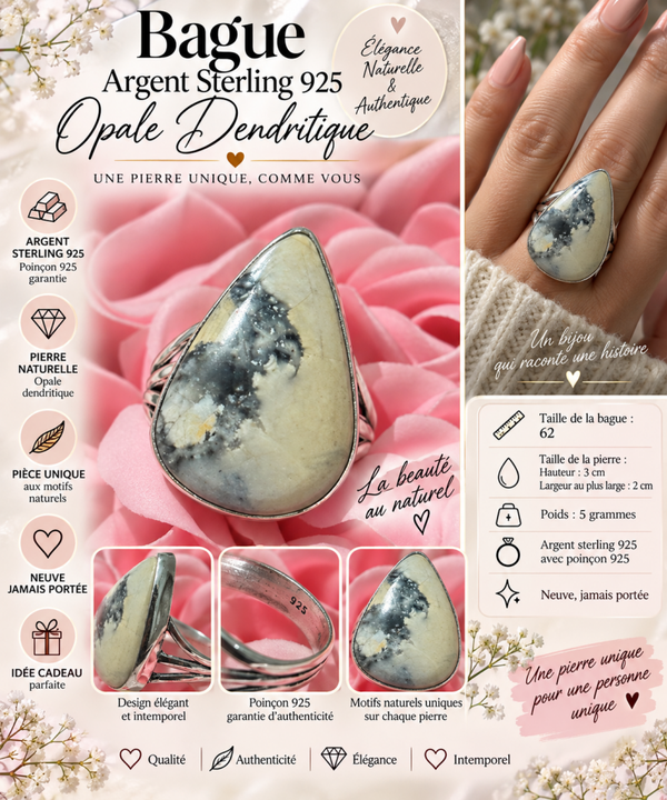 💍 Bague en argent sterling 925 – Opale dendritique – Taille 62