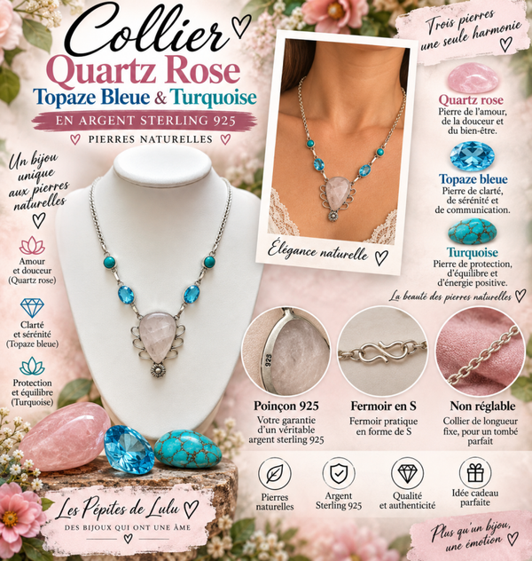 💗 Collier quartz rose Topaz bleue et turquoise en argent sterling 925💎