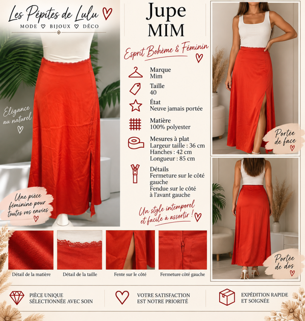 Jupe longue MIM rouge satinée – Taille 40 ❤️