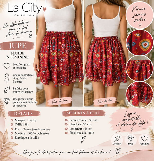 Jupe La City taille 38 – Rouge imprimée – Neuve jamais portée ❤️