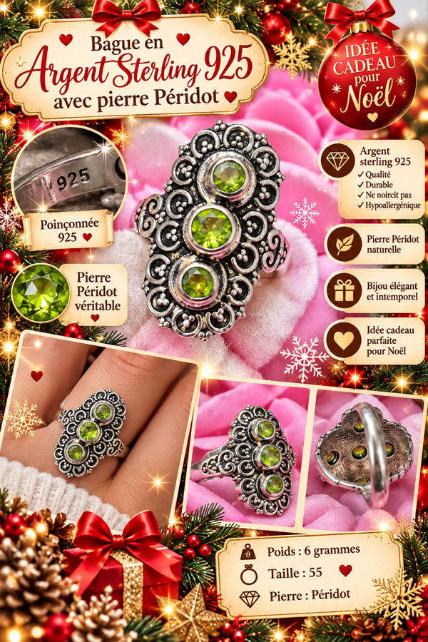 💚 Bague femme en argent sterling 925 et péridot – Taille 55 – Bijou vintage élégant
