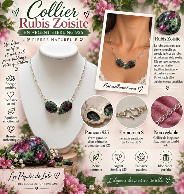 💚 collier Rubis zoisite naturelle en argent sterling 925💗