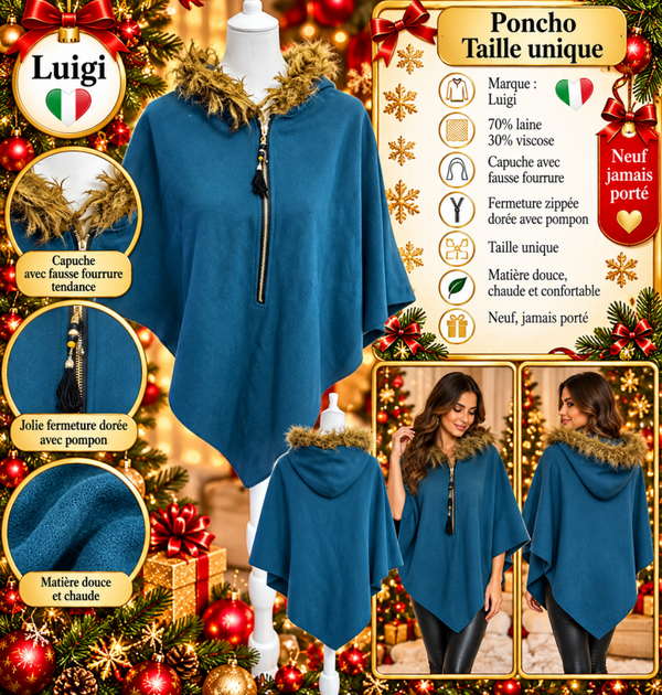 💙 Poncho femme bleu pétrole Luigi – Taille unique – 70 % laine – Neuf