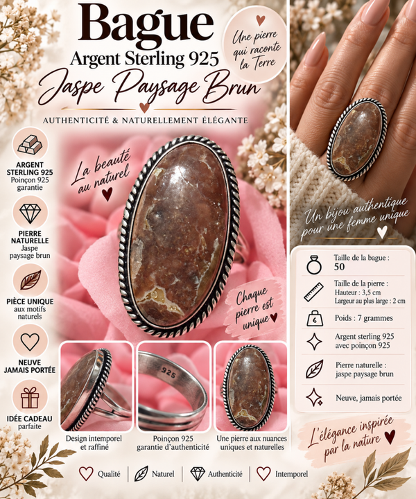 💍 Bague argent sterling 925 & jaspe paysage brun – Taille 50