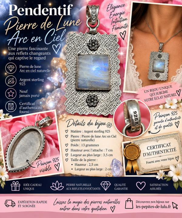 🌙💎 Pendentif Pierre de Lune Arc-en-Ciel – Argent Sterling 925 💎🌙