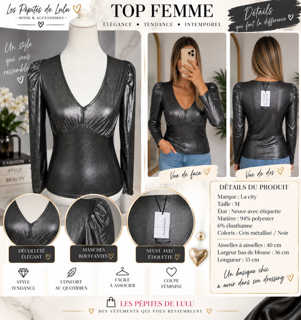 ✨ Top femme La City gris métallisé – Taille M ✨