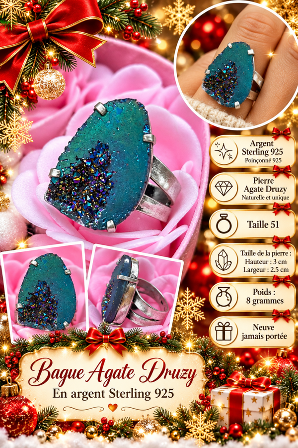 💎 Bague femme en argent sterling 925 avec pierre naturelle Agate Druzy – Taille 51 – Poinçonnée 925 💍