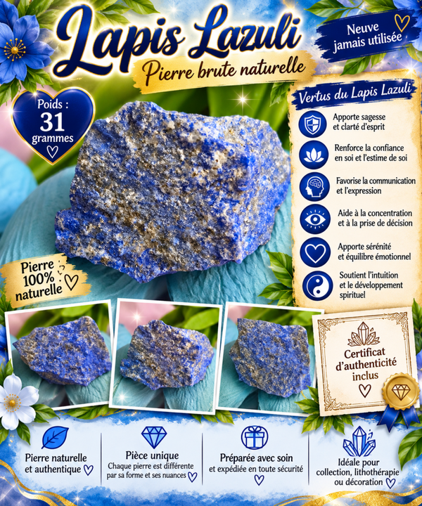 💙 Pierre naturelle brute Lapis Lazuli – 31 g – Certificat d’authenticité inclus 💎