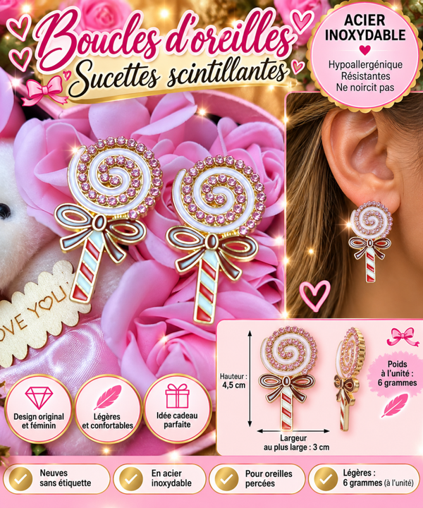 🍭 Boucles d’oreilles Sucettes scintillantes – Rose & doré ✨