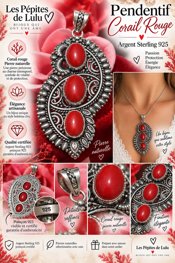 ❤️Pendentif corail rouge en argent sterling 925❤️