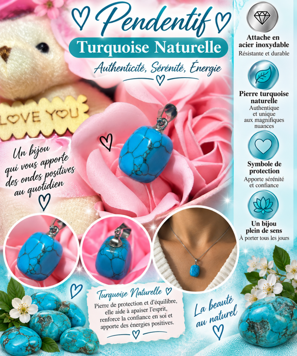 💙 Pendentif turquoise naturelle attache en acier inoxydable