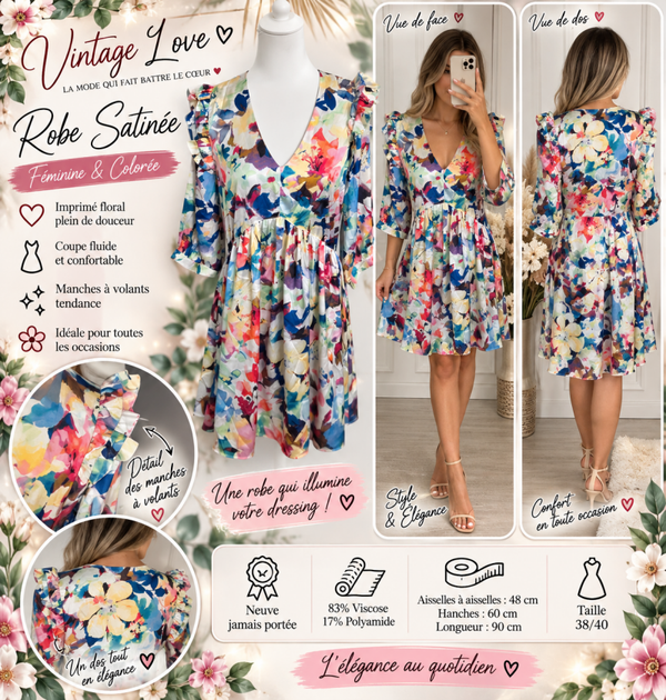 🌸 Robe satinée Vintage Love fleurie – Taille 38/40 – Neuve