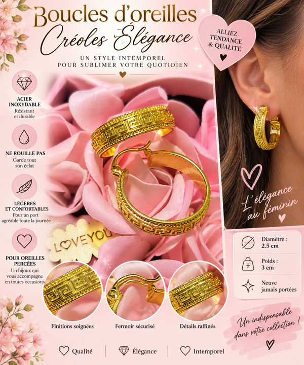 Boucles d’oreilles créoles dorées en acier inoxydable – Motif géométrique – 2,5 cm