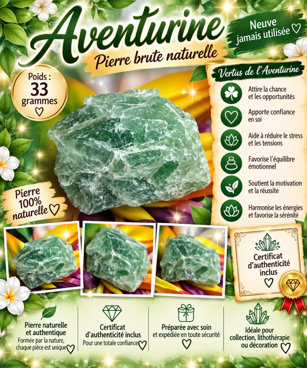 💚 Pierre Aventurine brute naturelle 33 g – Certificat d’authenticité inclus 💎