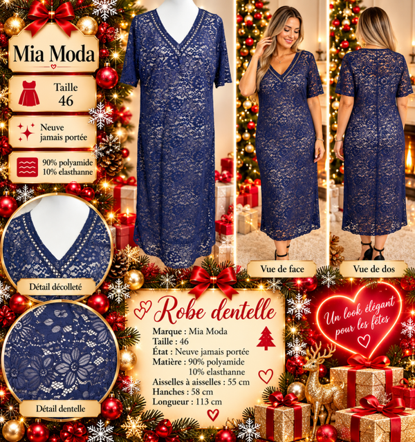💙 Robe en dentelle bleu marine Mia Moda – Taille 46 – Neuve jamais portée – Élégante et féminine 💙
