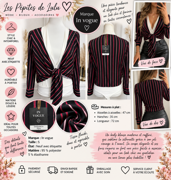 Body blouse In Vogue rayé noir & rose – Taille S – Neuf avec étiquette
