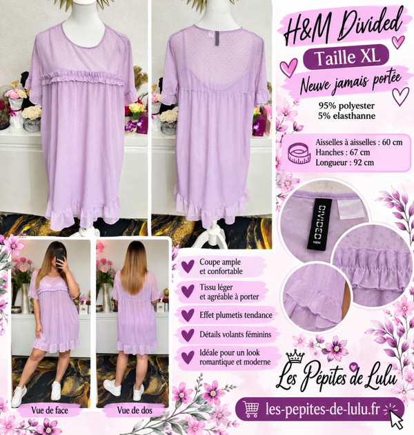 💜 Robe femme lilas à plumetis et volants – H&M Divided – Taille XL – Neuve