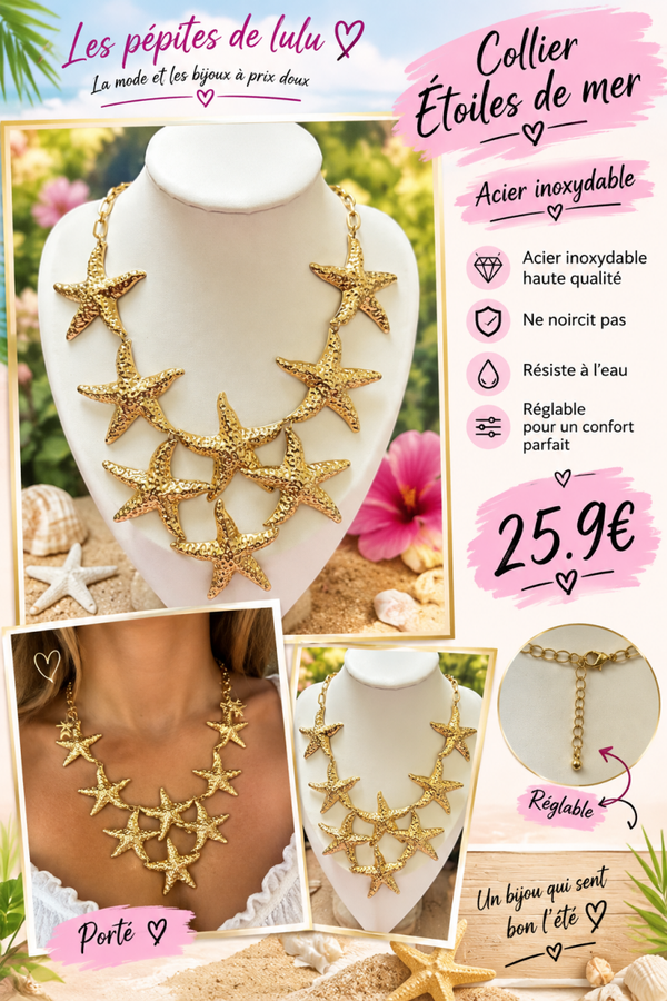 Collier plastron étoile de mer doré acier inoxydable réglable