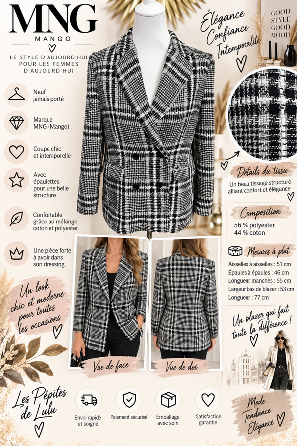 🖤 Blazer MNG (Mango) à carreaux – Taille M – Neuf ✨