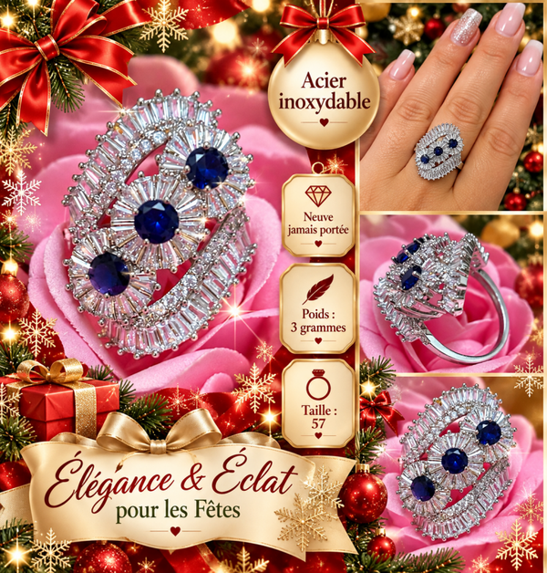 💍 Bague femme en acier inoxydable – Pierres bleu saphir – Taille 57 – Neuve ✨