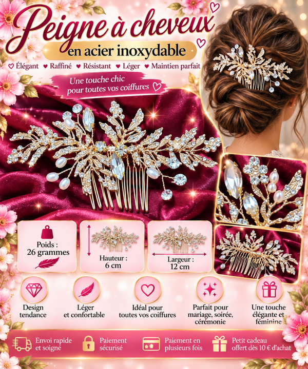 ✨ Peigne à cheveux doré en acier inoxydable – Strass & perles 💎