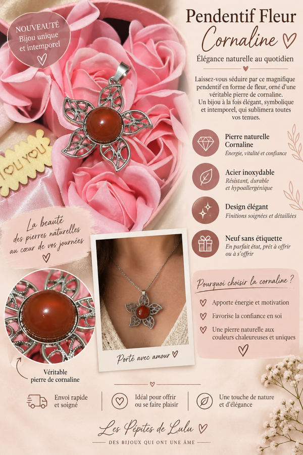 🌺 Pendentif Fleur Cornaline – Acier inoxydable 🌺