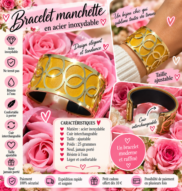 ✨ Bracelet manchette femme en acier inoxydable doré – cuir interchangeable – ajustable ✨