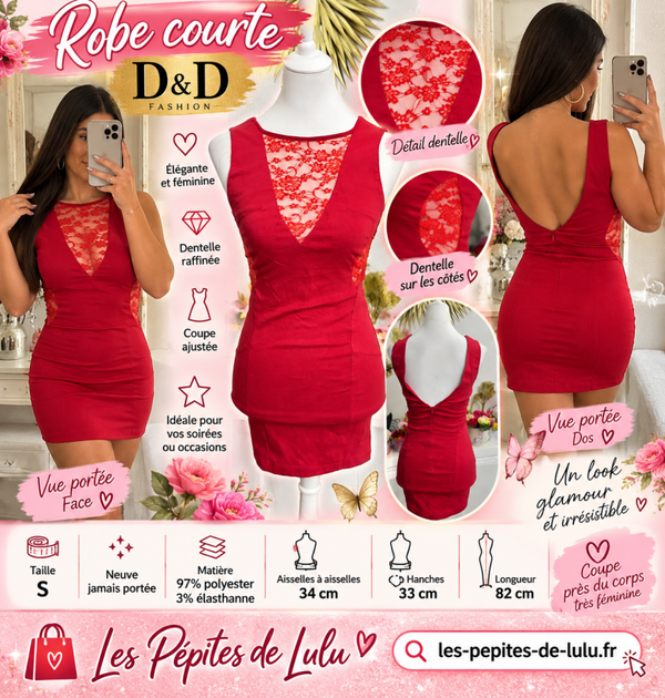❤️ Robe courte rouge D&D – Taille S – Neuve jamais portée – Dentelle florale élégante