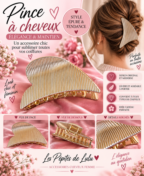 ✨ Pince à cheveux dorée striée – Grand modèle 9 cm – Femme