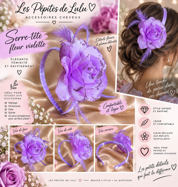 💜 Serre-tête fleur violette avec plumes – Accessoire cheveux femme élégant