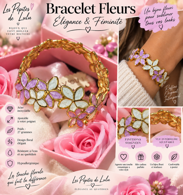Bracelet fleurs violet & blanc – Acier inoxydable doré – Ajustable – 27 g 🌸