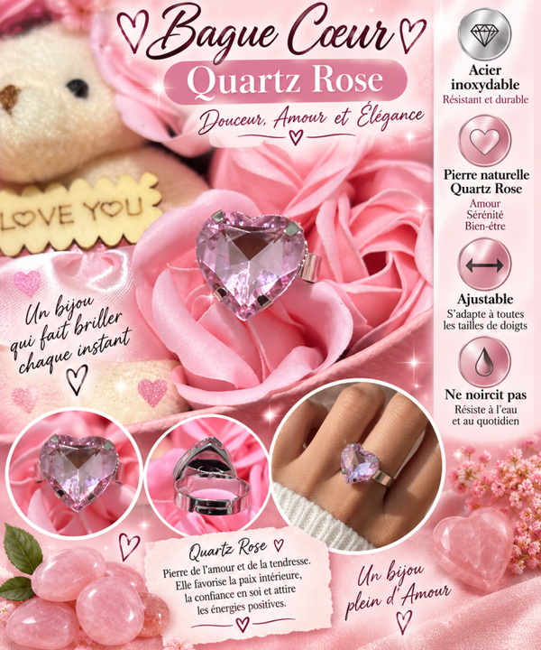 💓 Bague coeur en quartz rose acier inoxydable ajustable