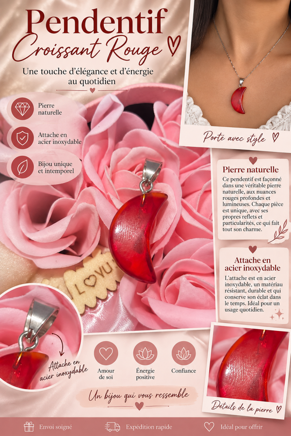 ❤️ Pendentif Croissant Rouge – Attache en acier inoxydable ❤️